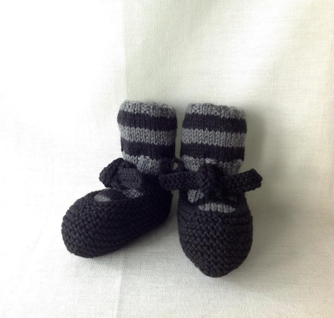 Border baby bootie set Black shrink-proof wool 6M [Made to order] - 童装鞋 - 羊毛 