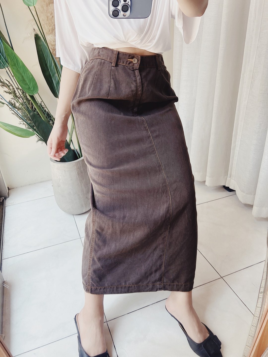 咖茶褐软质极薄料后开叉 古着棉质牛仔下身裙长裙 skirt vintage - 裙子 - 棉 咖啡色