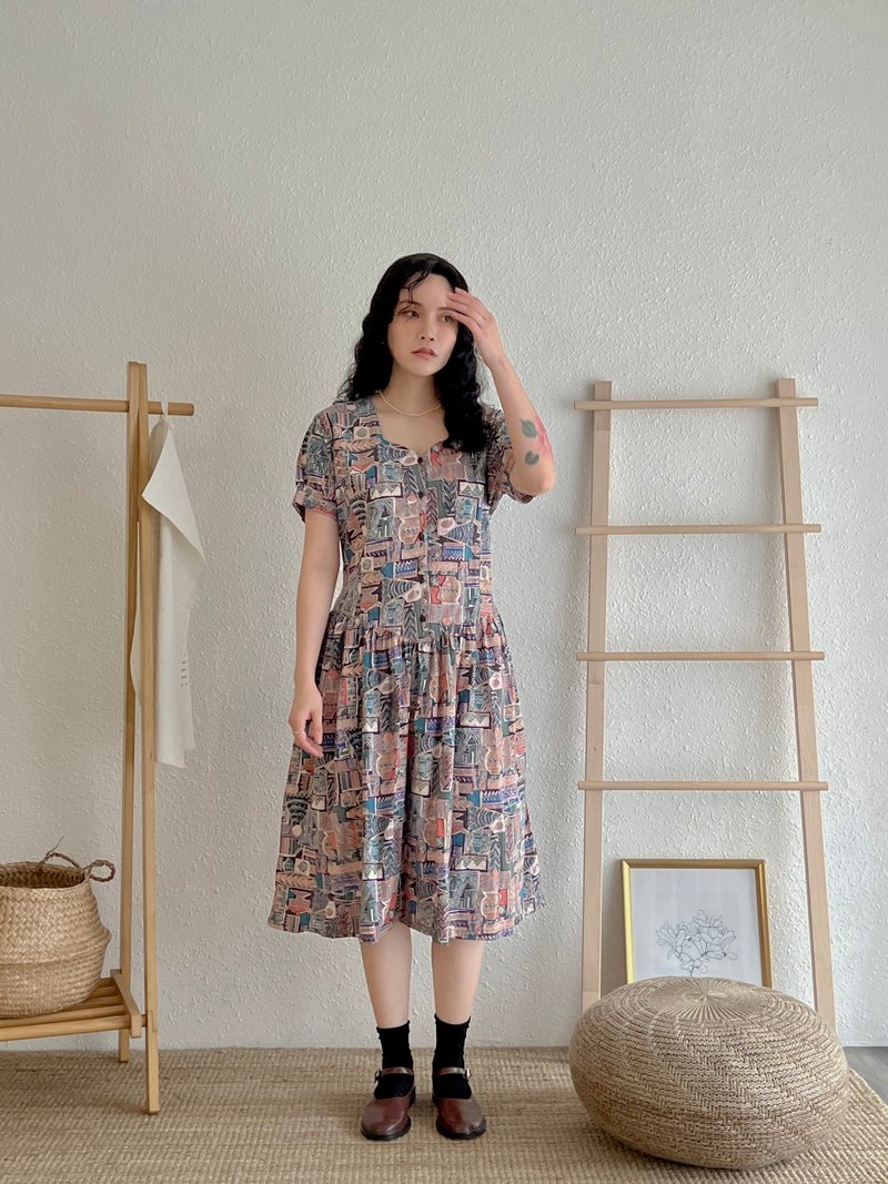 :: VINTAGE ::奏鸣序曲腰间系带古着洋装 - 洋装/连衣裙 - 棉．麻 