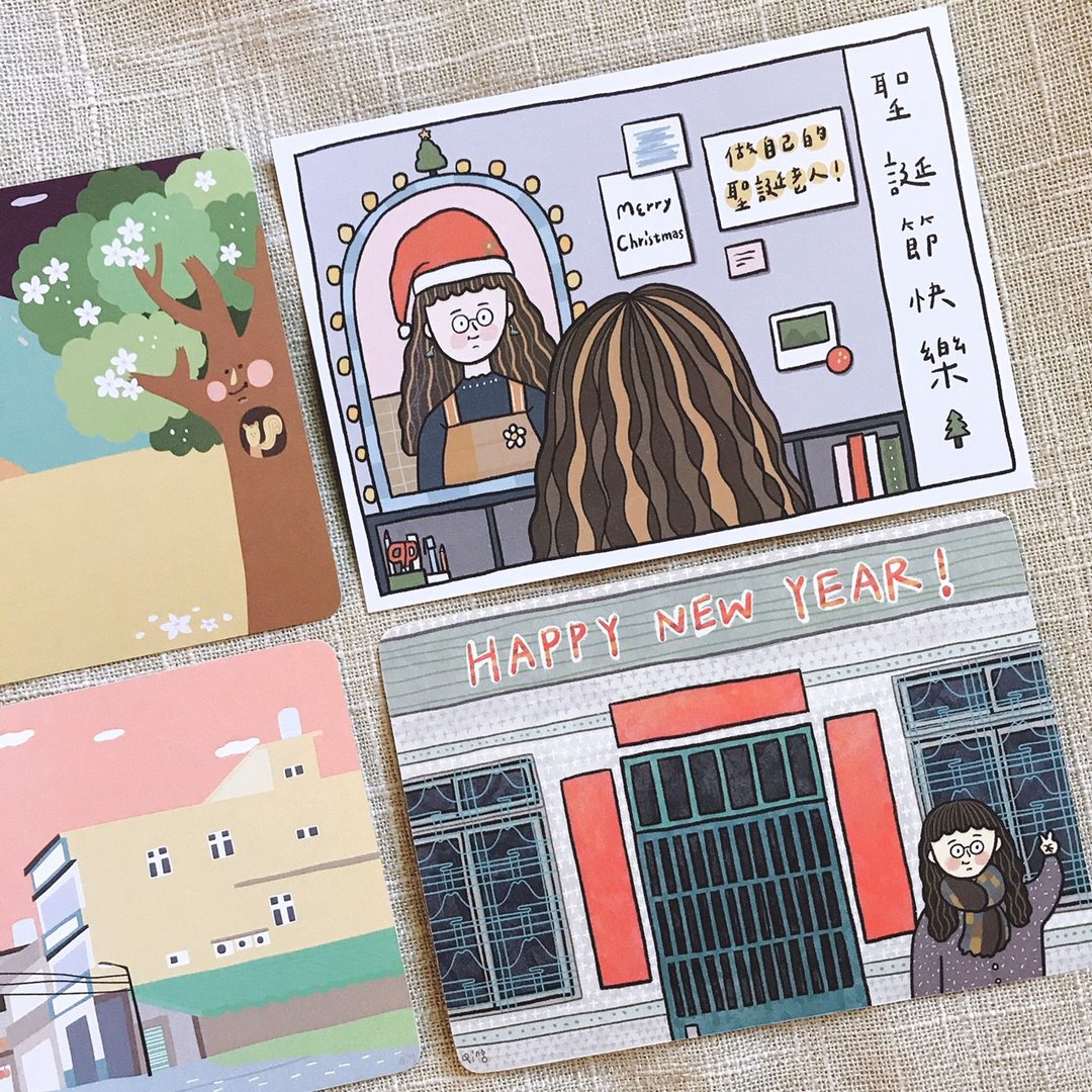 【MINI LIFE x Qing's】插画明信片-圣诞节/新年/油桐花 (四入) - 卡片/明信片 - 纸 多色