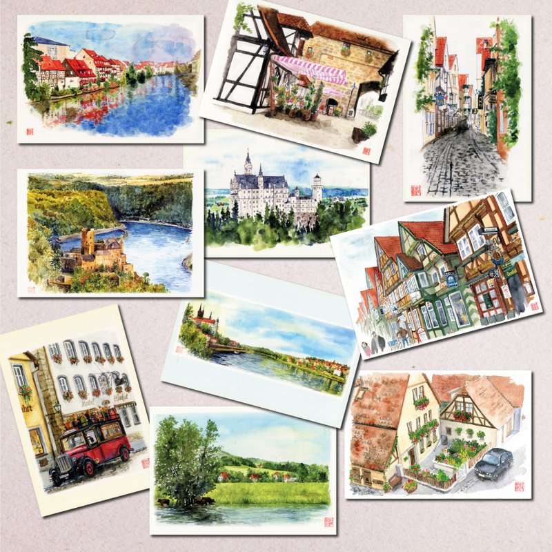 Set of 10 watercolor postcards / German scenery - 卡片/明信片 - 纸 