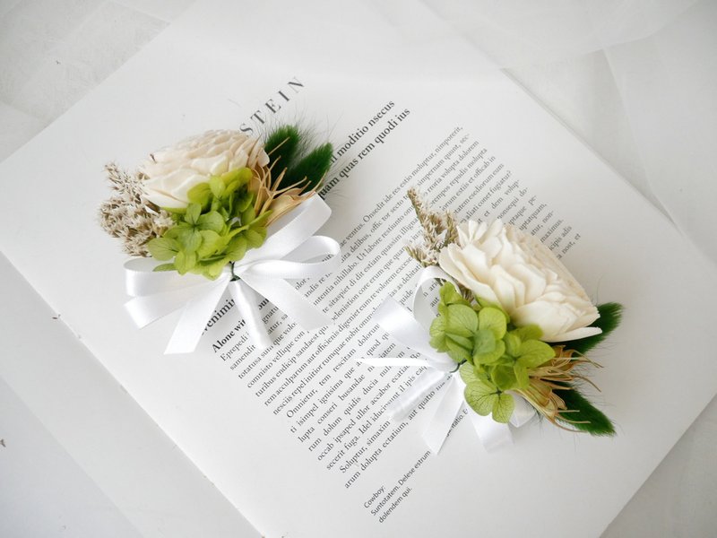 干燥花胸花【经典白茶】美式婚礼/白绿/定制化 - 胸花/手腕花 - 植物．花 白色