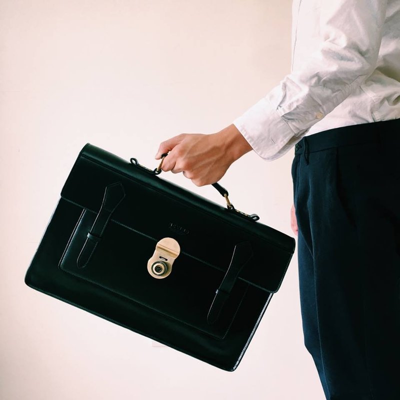 全黑色牛皮公事型书包-大 - 公文包/医生包 - 真皮 黑色