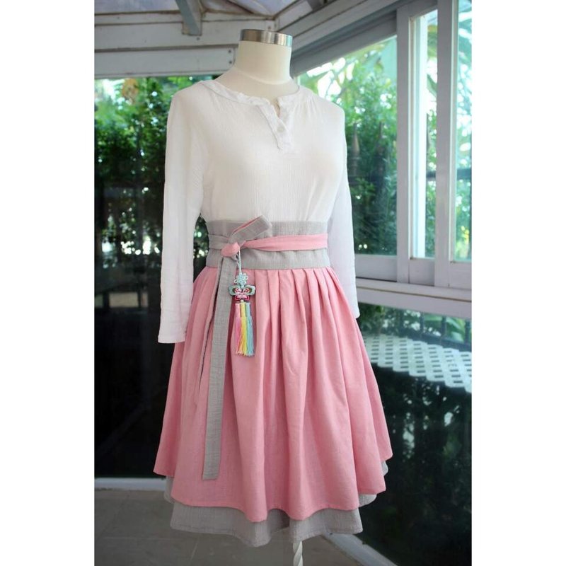 Handmade by Cherry日常韩服 - 粉红色/灰色 双色腰带韩服裙 - 裙子 - 棉．麻 粉红色