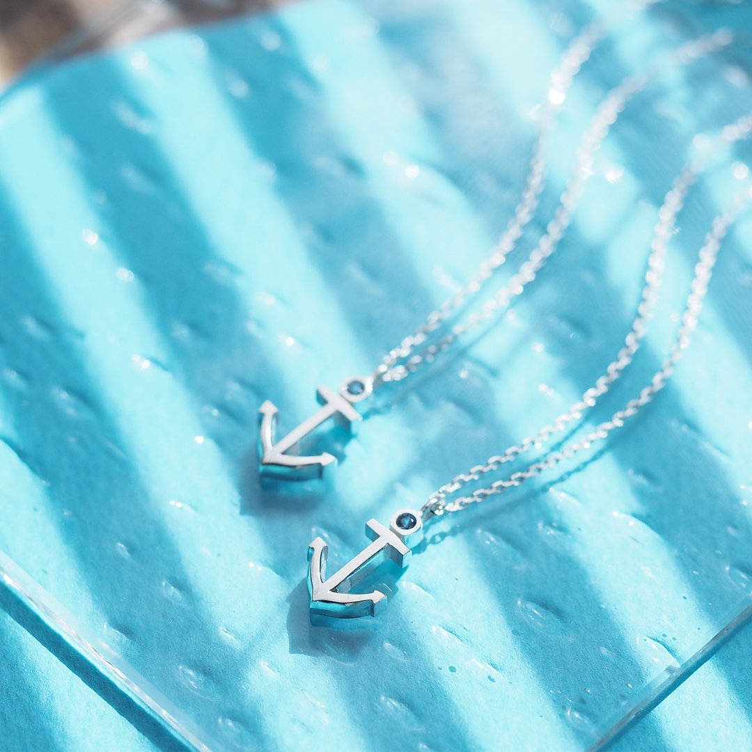 2 pieces set) Aquamarine Ikari Pair Necklace Silver 925 - 项链 - 其他金属 蓝色