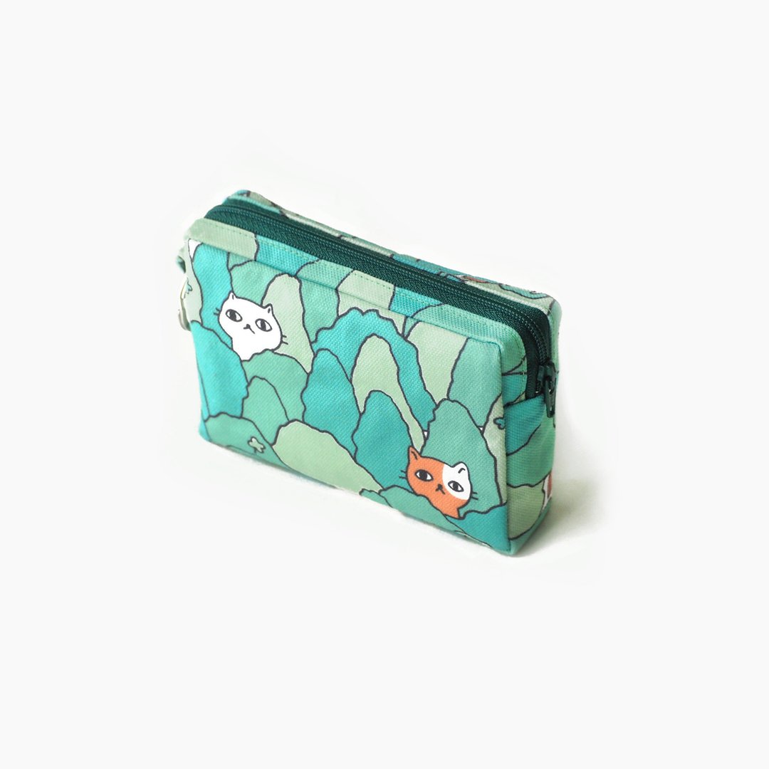 【圣诞礼物】“森林猫咪”图案帆布小方包，尺寸 13x9X3.5 cm。 - 化妆包/杂物包 - 聚酯纤维 绿色