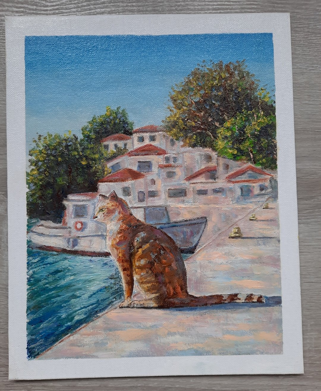 希腊的猫油画、等待的猫墙艺术、地中海海滨小镇艺术 - 墙贴/壁贴 - 环保材料 橘色