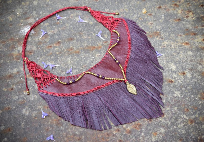 Purple leather necklace, tribal fringe choker, forest elven jewelry - 项链 - 真皮 紫色