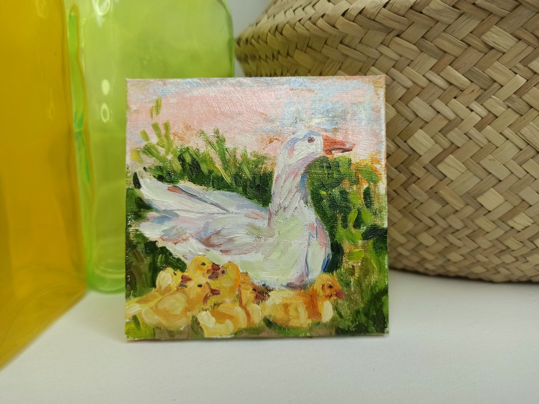 Goose oil painting  Animal painting original Tiny artwork Small painting - 墙贴/壁贴 - 其他材质 绿色