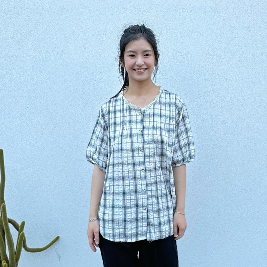 Hana Mokuba 花边圆领格纹衬衫 - 女装衬衫 - 其他材质 