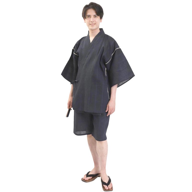 日本 和服 男士 绵麻 甚平 休闲服 睡衣 成套组 M L LL wn17 - 居家服/睡衣 - 棉．麻 蓝色