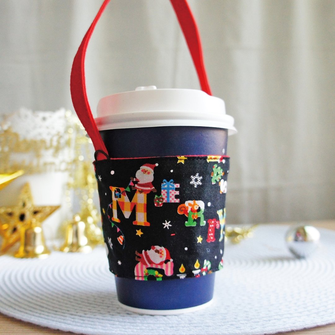 Lovely【日本布】Merry Christmas圣诞老人饮料杯袋、提袋、杯套 - 随行杯提袋/水壶袋 - 棉．麻 黑色