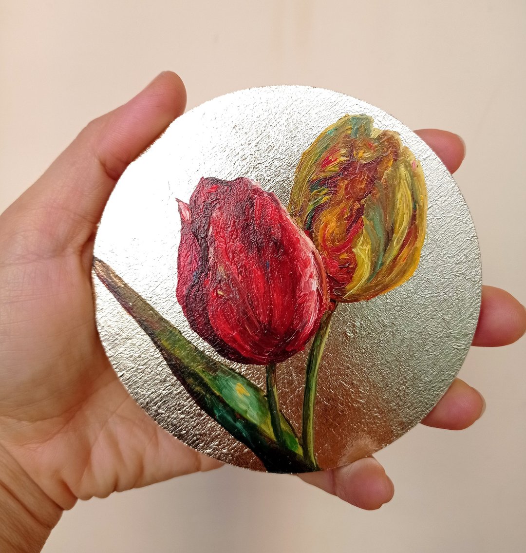 Tulip Flower Painting Gold Art Original Oil Painting Hand-painted Round Painting - 海报/装饰画/版画 - 木头 金色