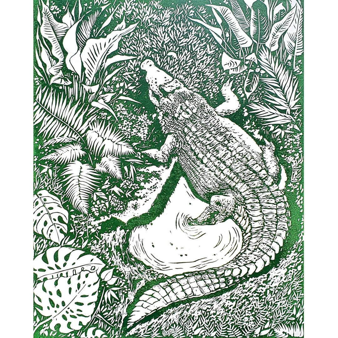 Crocodile Lino Print Original Artwork Wild Animal Wall Art Block Printing - 海报/装饰画/版画 - 纸 绿色