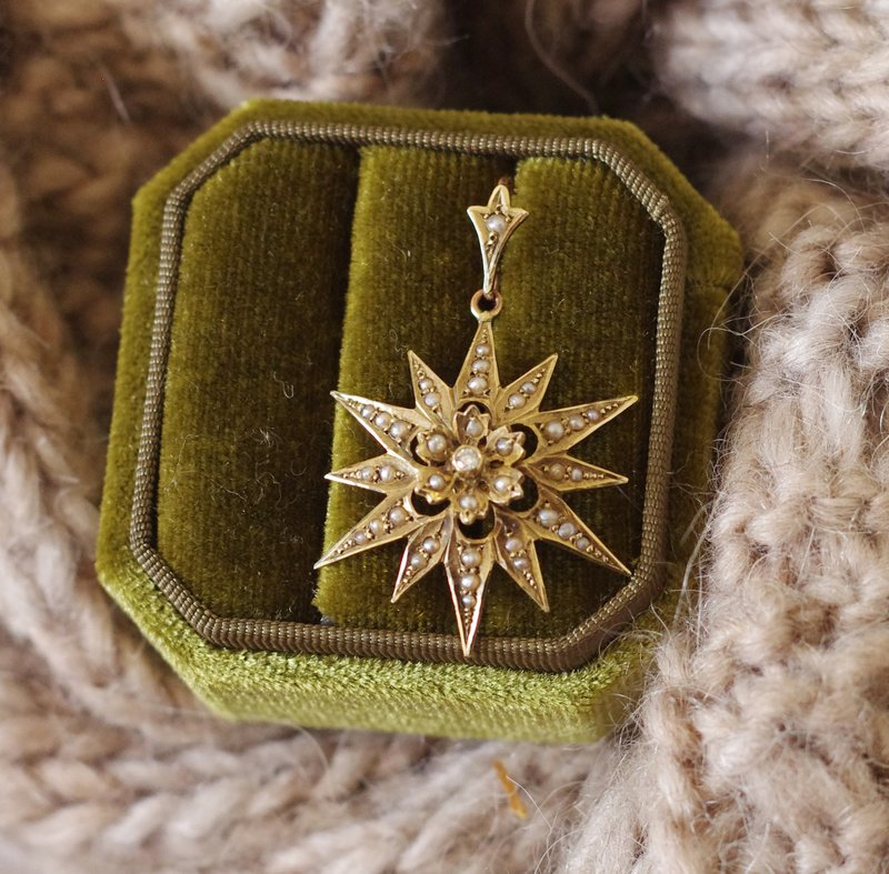 -骨董1910年9K 9CT真金星芒淡水珍珠钻石放射坠子 CH218 - 项链 - 其他金属 金色