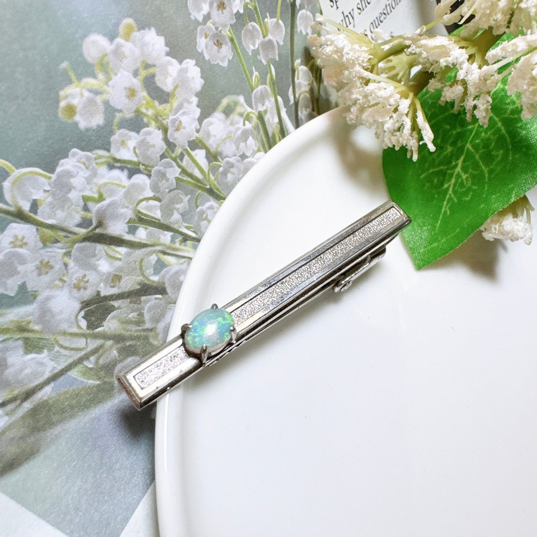 【西洋古董饰品】天然 Opal 欧泊石 澳洲蛋白石火彩美 领带夹领带 - 领带/领带夹 - 贵金属 银色