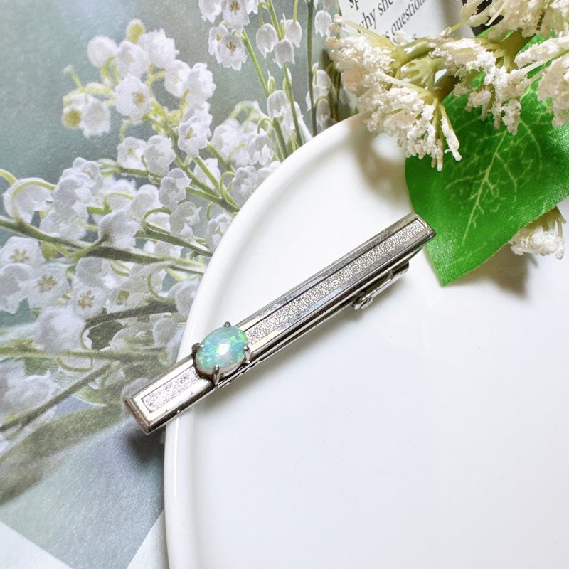 【西洋古董饰品】天然 Opal 欧泊石 澳洲蛋白石火彩美 领带夹领带 - 领带/领带夹 - 贵金属 银色