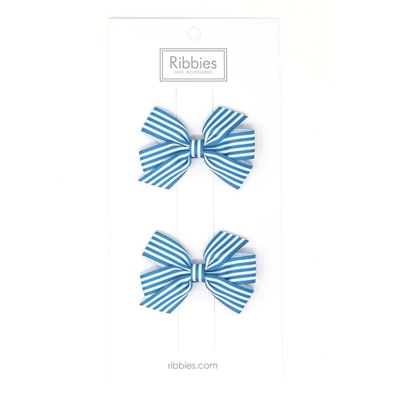 英国Ribbies 条纹中蝴蝶结2入组-土耳其蓝 - 发饰 - 聚酯纤维 