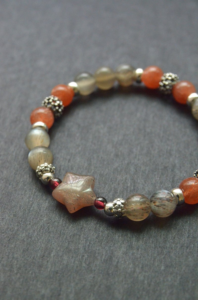 【春日和煦】－黑太阳 橘太阳 太阳石星星纯银手链 - 手链/手环 - 纯银 橘色