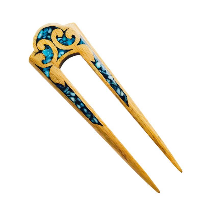 发夹、发簪、蓝色宝石雕花木质发簪、送礼给她 - 发饰 - 木头 蓝色