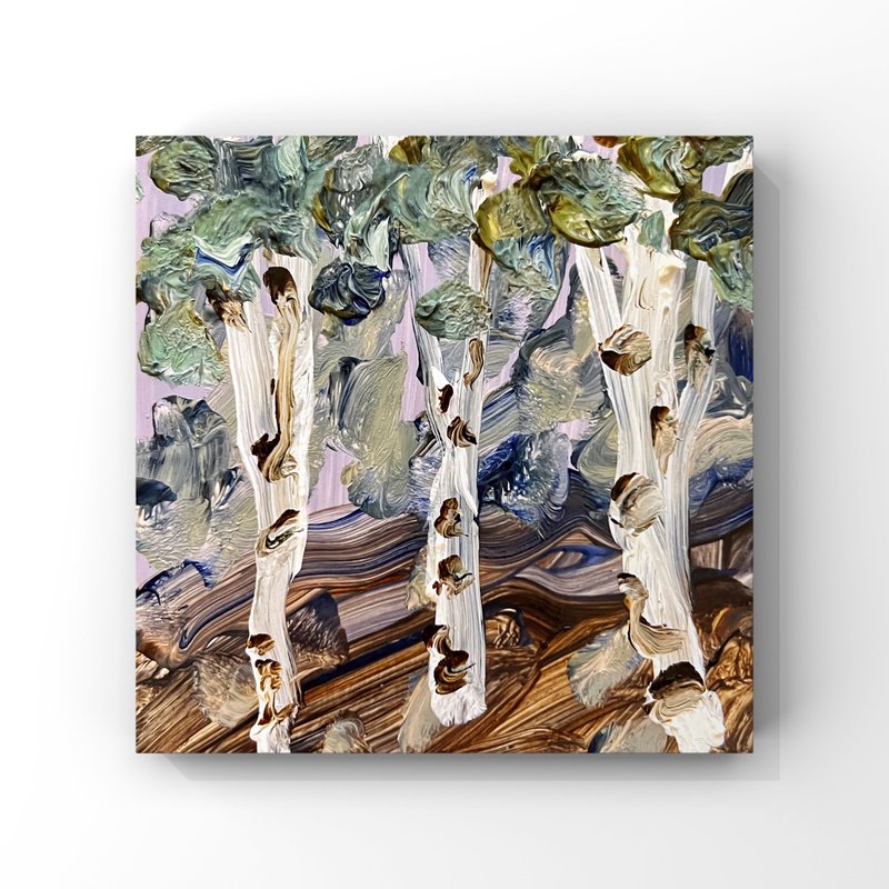 原创油画《桦树与淡紫色天空》抽象纹理迷你艺术微型 - 海报/装饰画/版画 - 其他材质 多色