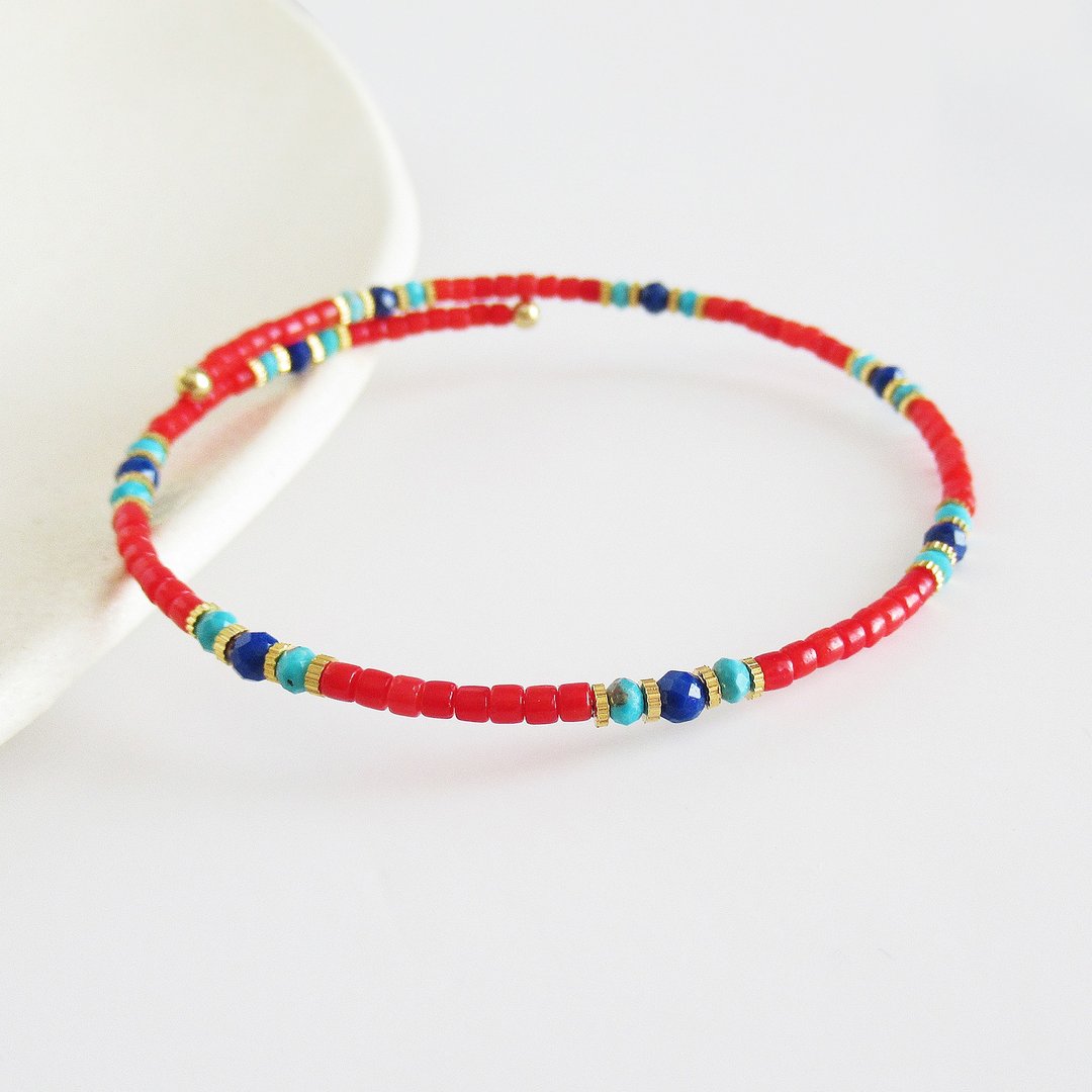 Red sea bamboo, turquoise and lapis lazuli, wire bracelet - 手链/手环 - 石头 红色