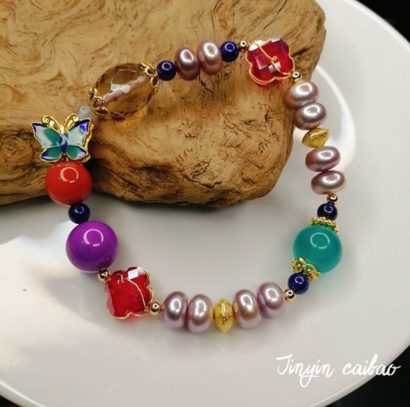 金银财宝Jinyin caibao 14k金天蓝茶晶蝴蝶珍珠手链 - 手链/手环 - 宝石 