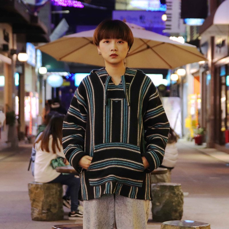 Tsubasa.Y 古着屋 墨西哥羊毛帽Tee005 天蓝编织条纹, Baja Hoodie - 中性连帽卫衣/T 恤 - 羊毛 