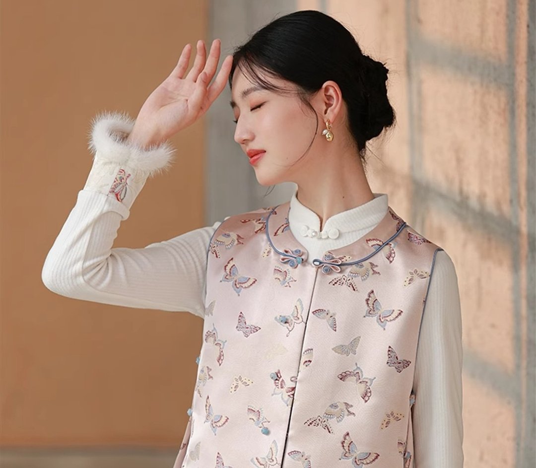 新中式中国风 高贵织金提花唐装对襟短款背心 - 女装背心 - 其他材质 粉红色