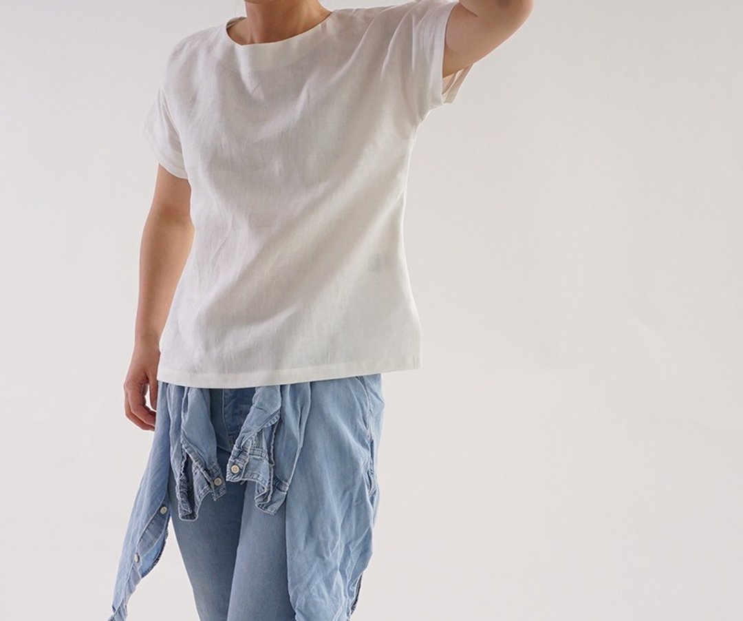 linen / linen shirts / drop shoulder / short sleeve / white t1-59 - 女装 T 恤 - 棉 白色