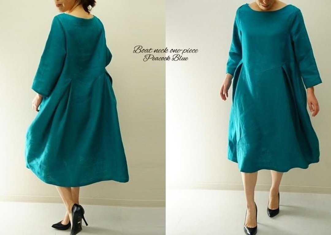 Belgium linen Peacock Blue boat neck soft skirt of the dress / Peacock Blue a24-8 - 洋装/连衣裙 - 棉 蓝色