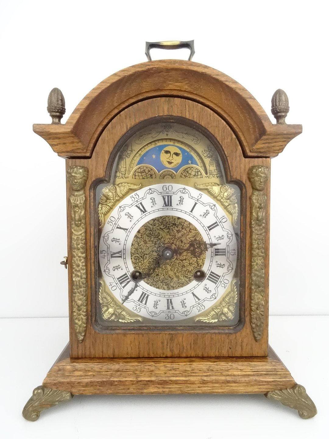 Antique Vintage Dutch Mantel Clock Warmink Wuba Shelf Bracket Moon Phase 8 day - 时钟/闹钟 - 木头 咖啡色