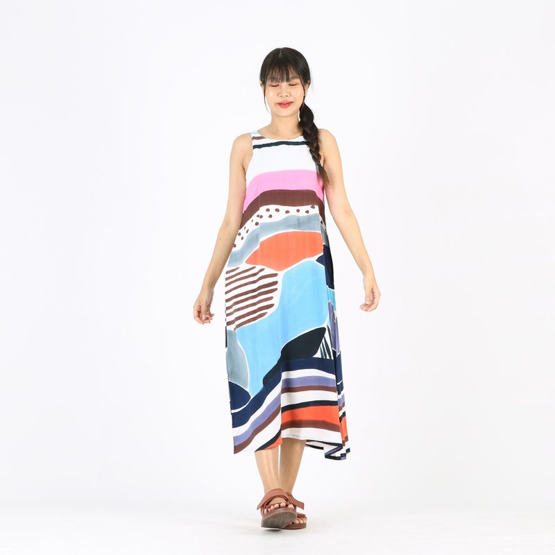 Long Dress Zip Cotton Rayon Hand Paint Free size - 洋装/连衣裙 - 棉．麻 蓝色