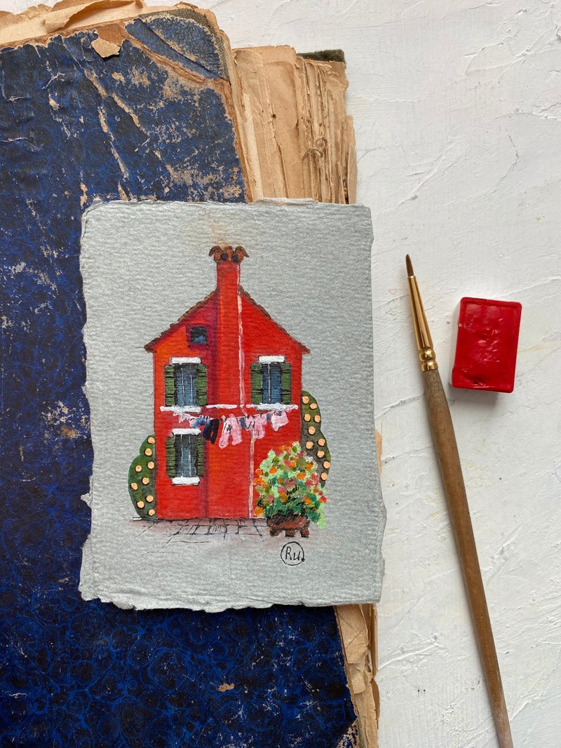 Burano house 迷你原创艺术 Rubinova 手工纸水彩画 - 海报/装饰画/版画 - 纸 红色