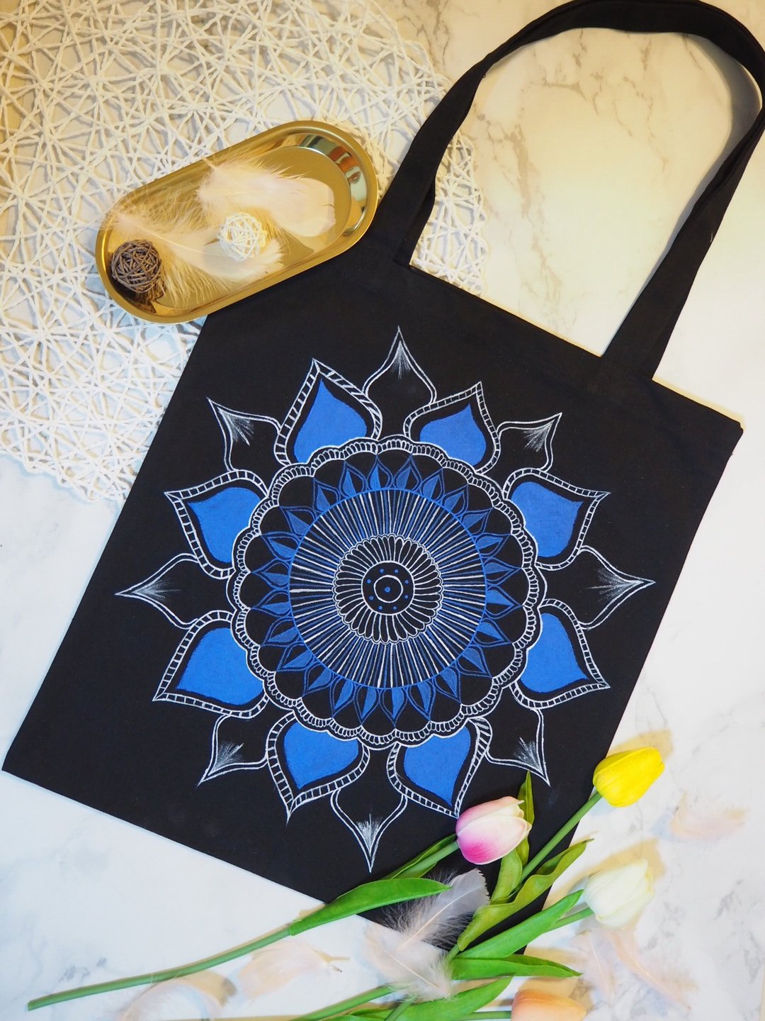 手绘 帆布袋 手绘袋 本土 Henna Mandala 彩绘 汉娜 曼陀罗 禅绕 - 侧背包/斜挎包 - 棉 黑色