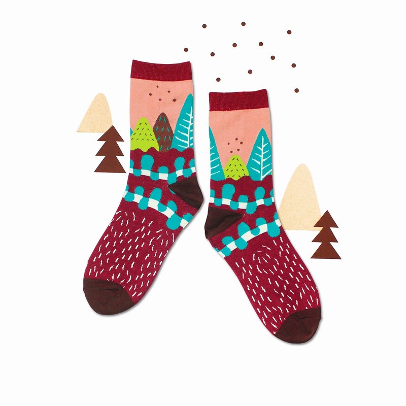 杉木林小径 棉质中筒袜 - 袜子 - 酒红 - 袜子 - 棉．麻 红色