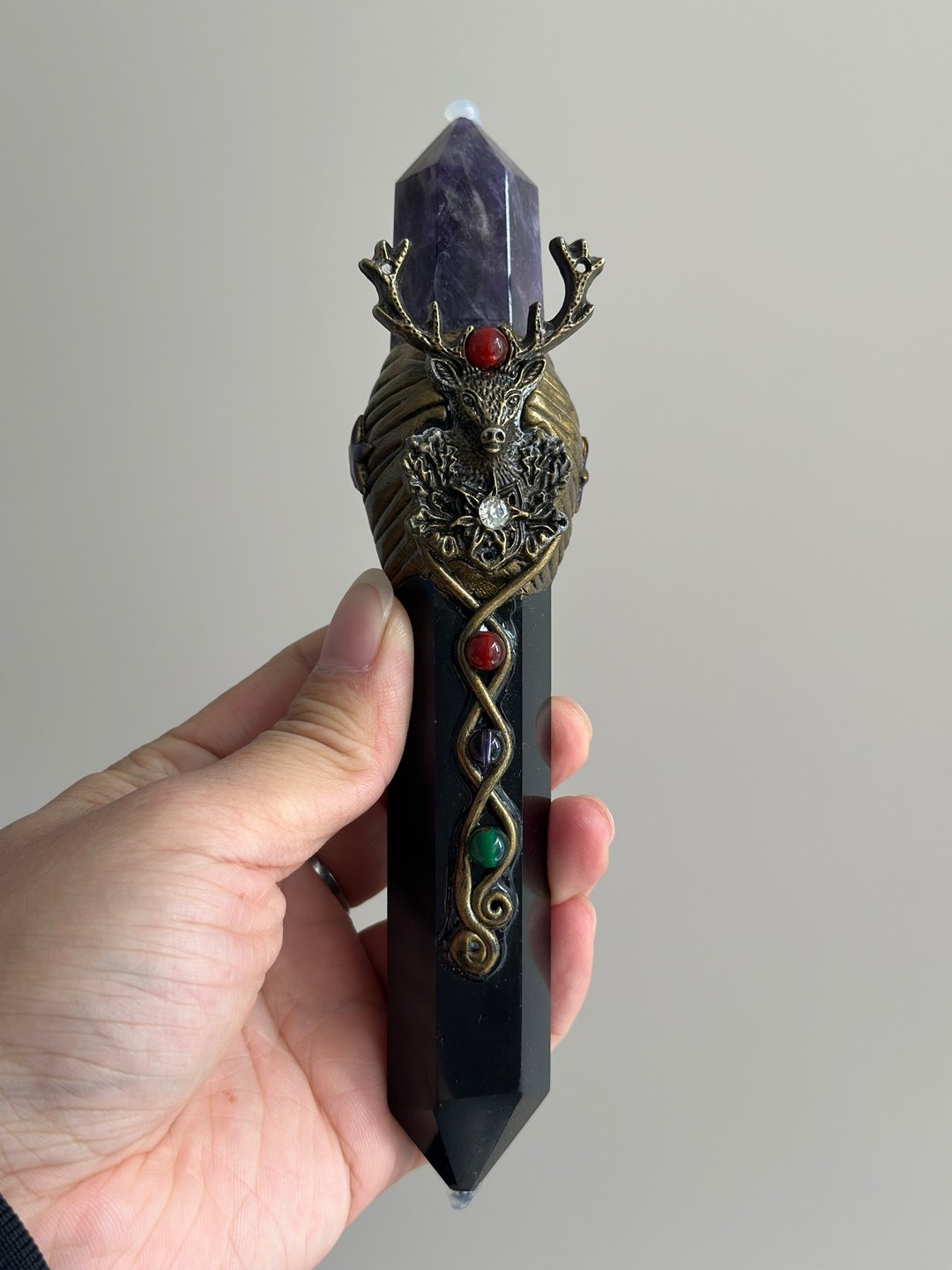 孤品仅一件手工制作黑曜石紫水晶魔法棒水晶疗愈摆件驱逐负能量 - 摆饰 - 水晶 黑色
