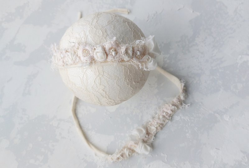 Boho halo headband, boho tieback newborn, rustic tiebacks,头带 lace headband - 婴儿帽/发带 - 棉．麻 白色