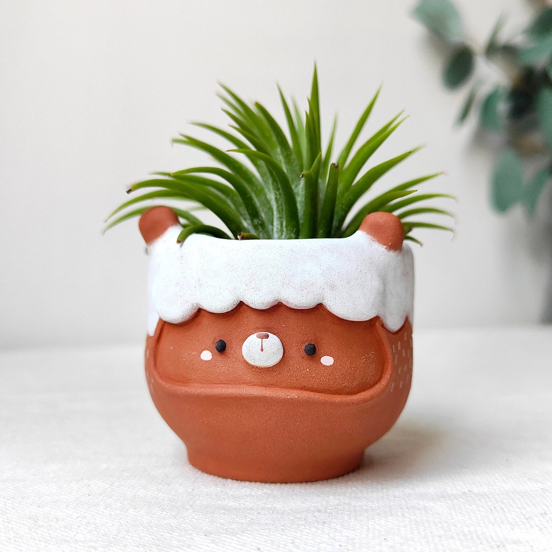 2.25 inch, cute face planter. Handmade terracotta pot. - 花瓶/陶器 - 陶 