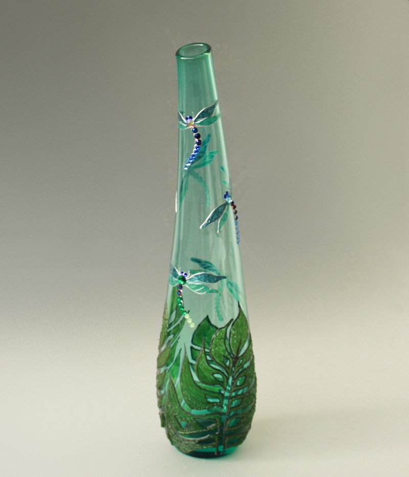 Dragonfly Glass Vase Green Swarovski Crystals Hand-painted - 摆饰 - 玻璃 绿色