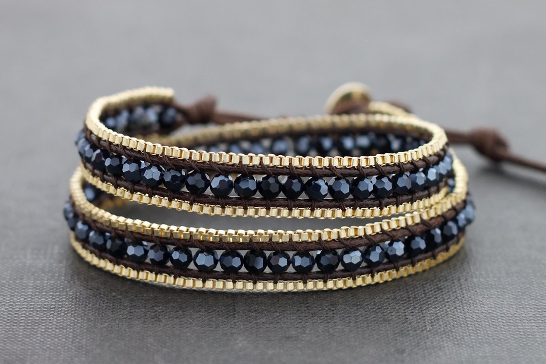 Midnight Crystal Brass Double Wrap Bracelets Chain Woven Beaded - 手链/手环 - 其他金属 金色