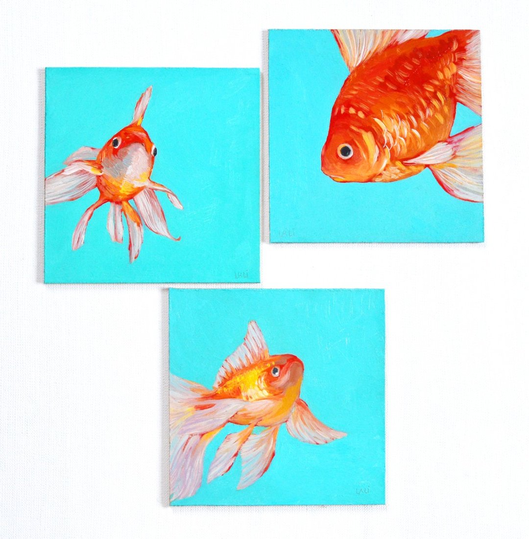 金鱼 3 件套 原创油画 锦鲤艺术 13x13cm - 插画/绘画/写字 - 其他材质 橘色