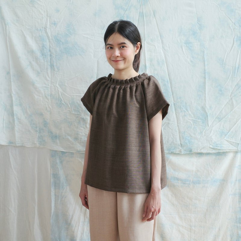 领褶上衣 - 咖啡色 / linnil 原创设计 - 女装上衣 - 棉．麻 咖啡色