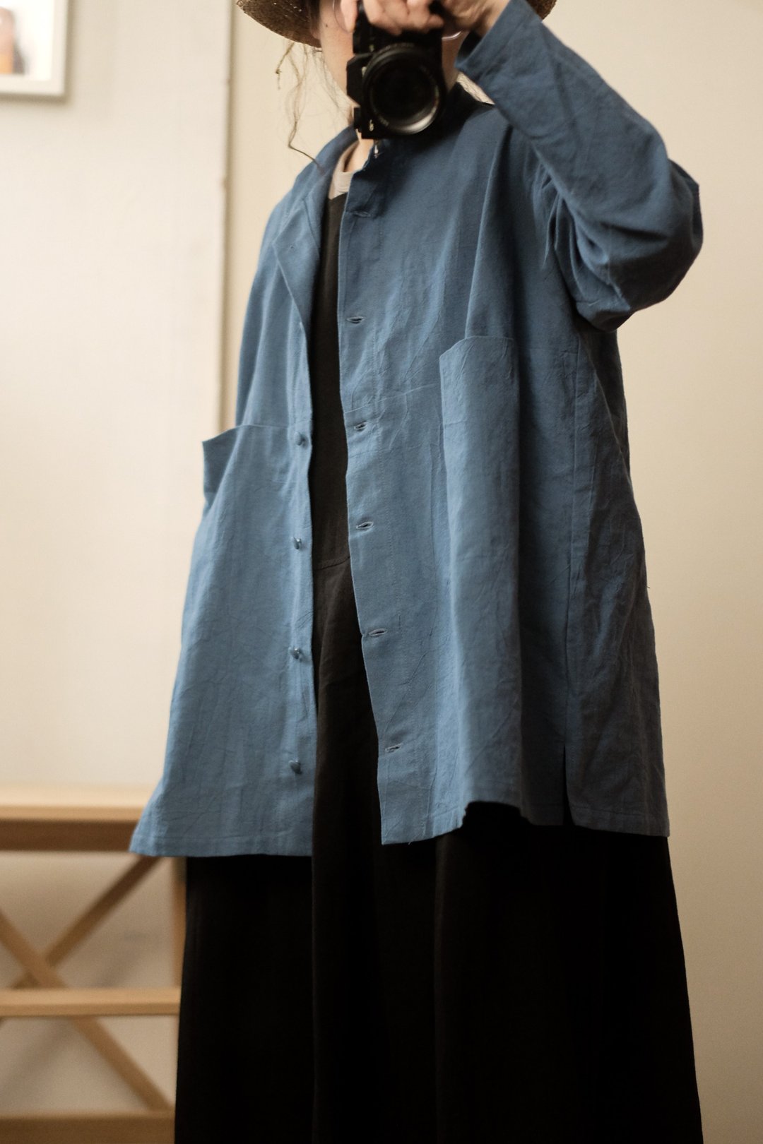烟熏蓝 宽版长衬衫 - 女装上衣 - 棉 蓝色