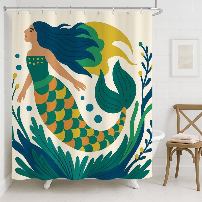 美人魚Mermaid綠色浴簾衛生間干濕分離防水布簾免打孔套裝淋浴隔 - 卫浴用品 - 聚酯纤维 绿色