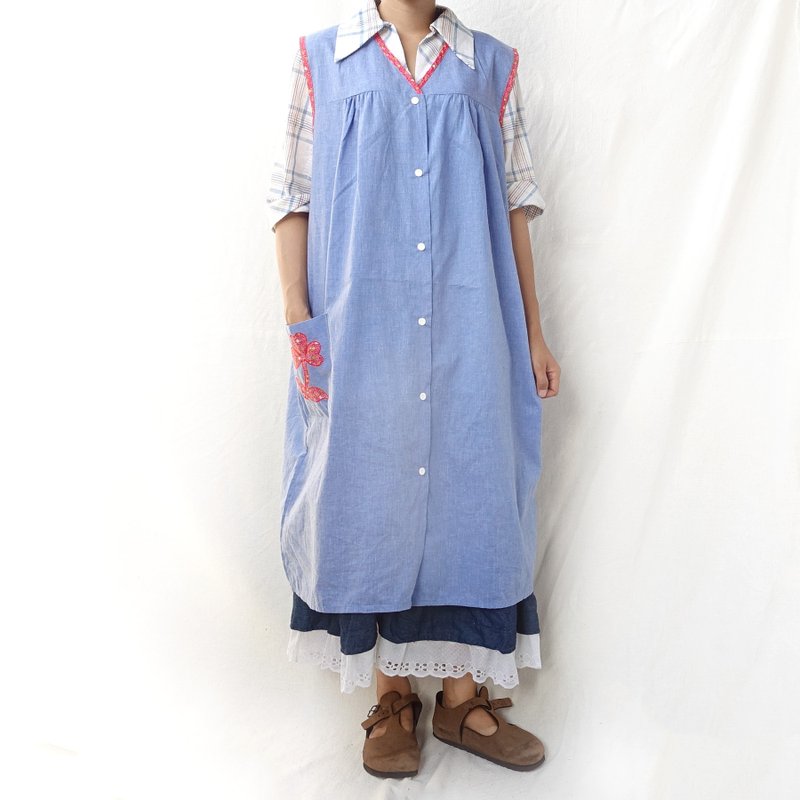 BajauTua /古着/ 美式乡村风 红花拼布背心裙 - 洋装/连衣裙 - 棉．麻 蓝色