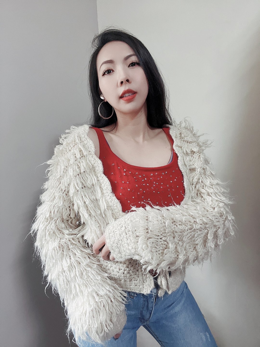 米白蓬松云朵短版钩织绑带 古着手织毛衣毛衫罩衫外套 sweater - 女装针织衫/毛衣 - 聚酯纤维 黄色