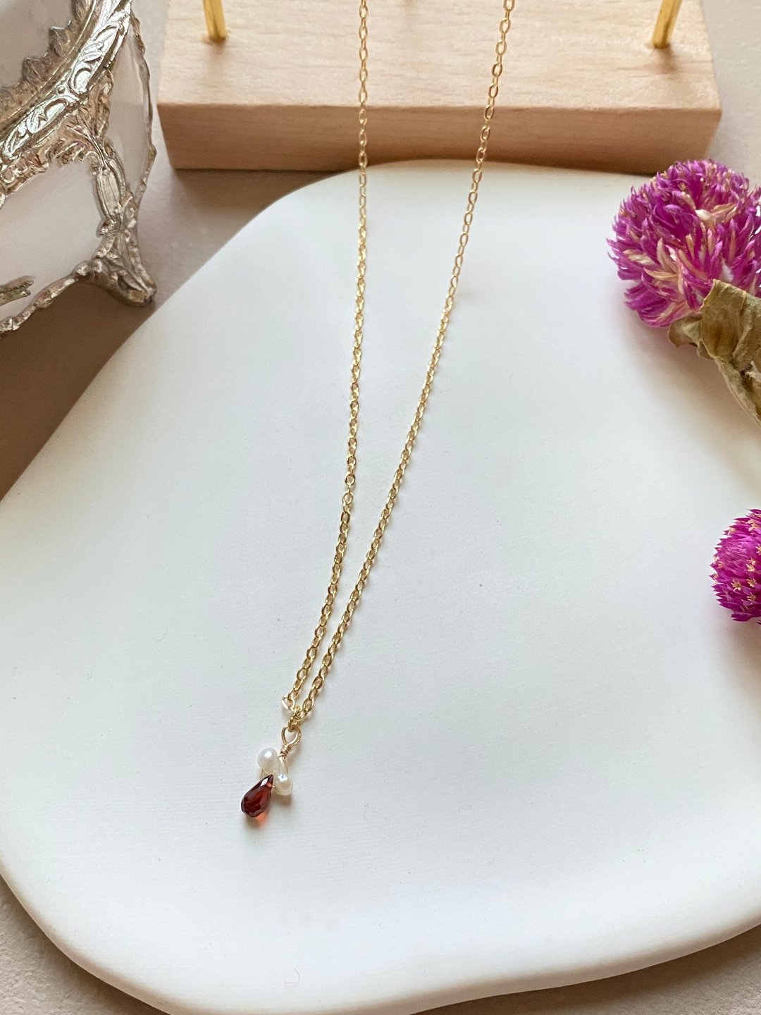 【Kimiko手作饰品】一月诞生石系列 红石榴石珍珠项链 - 项链 - 水晶 红色