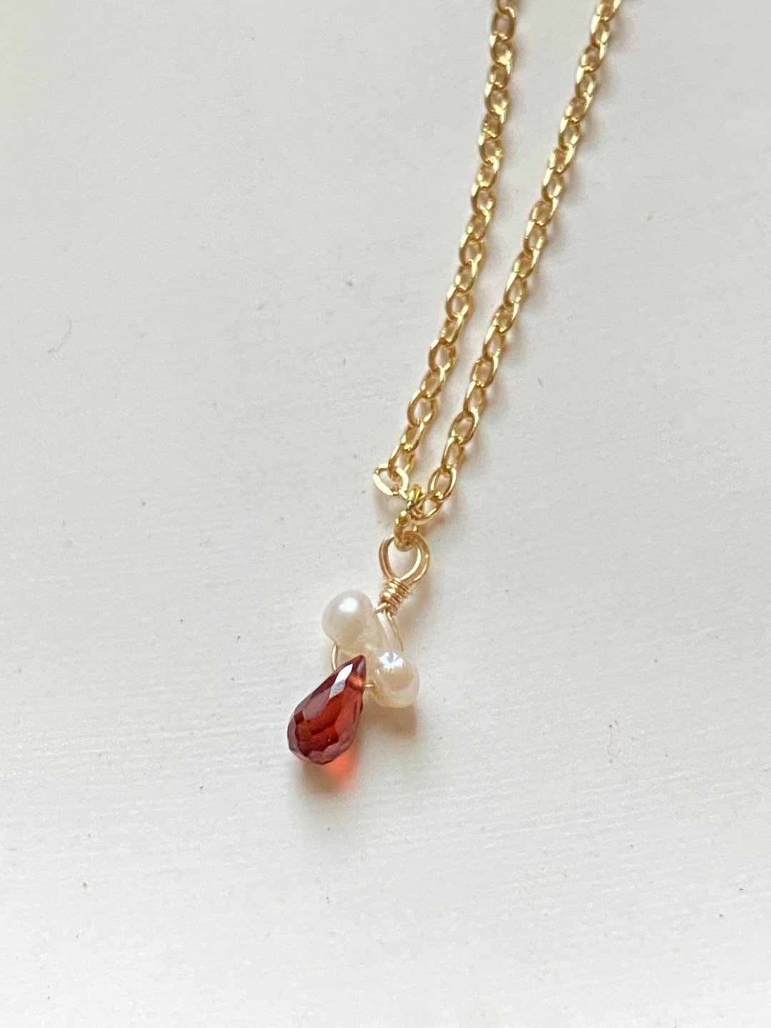 1 月诞生石 水滴红石榴珍珠 14K 项链 - 项链 - 水晶 红色