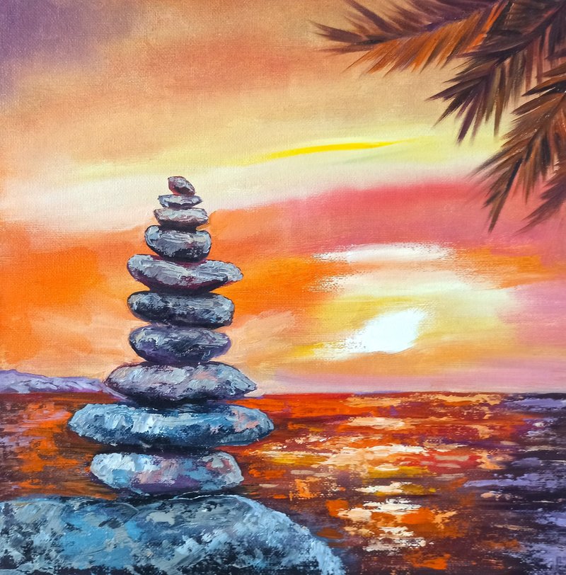 日落和谐海景油画原创艺术画布板 30x30 厘米 - 海报/装饰画/版画 - 其他材质 